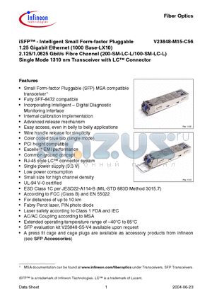 V23848-M15-C56 datasheet - iSFP-Intelligent Small Form-factor Pluggable 1.25 Gigabit Ethernet 2.125/1.0625 Gbit/s Fibre Channel Single Mode 1310 nm Transceiver with LC Connector