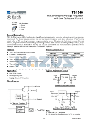 TS1540 datasheet - 1A Low Dropout Voltage Regulator with Low Quiescent Current