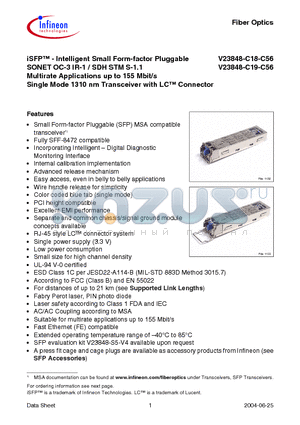 V23848-C18-C56 datasheet - iSFP-Intelligent Small Form-factor Pluggable SONET OC-3 IR-1 / SDH STM S-1.1 Multirate Applications up to 155 Mbit/s