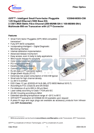 V23848-M305-C56 datasheet - iSFP-Intelligent Small Form-factor Pluggable 1.25 Gigabit Ethernet 2.125/1.0625 Gbit/s Fibre Channel Multimode 850 nm Transceiver with LC Connector