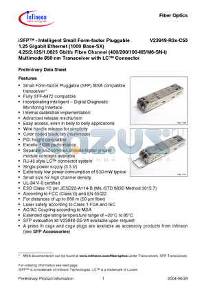 V23849-R35-C55 datasheet - iSFP-Intelligent Small Form-factor Pluggable 1.25 Gigabit Ethernet 4.25/2.125/1.0625 Gbit/s Fibre Channel