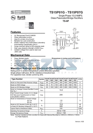 TS15P02G datasheet - Single Phase 15.0 AMPS. Glass Passivated Bridge Rectifiers