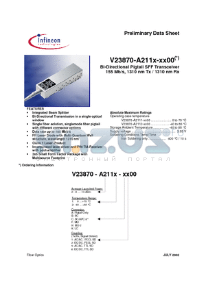 V23870-A2112-A600 datasheet - Bi-Directional Pigtail SFF Transceiver 155 Mb/s, 1310 nm Tx / 1310 nm Rx