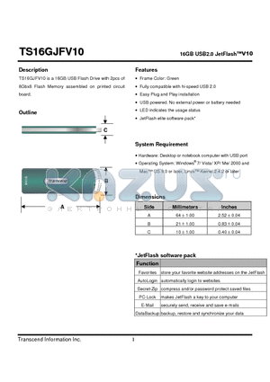 TS16GJFV10 datasheet - 16GB USB2.0 JetFlashV10