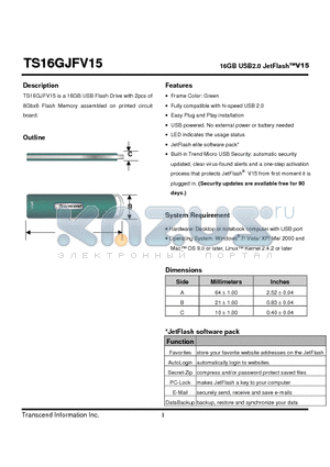 TS16GJFV15 datasheet - 16GB USB2.0 JetFlashV15