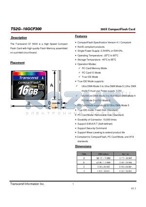 TS16GF300 datasheet - 300X CompactFlash Card