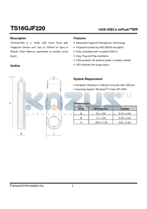 TS16GJF220 datasheet - 16GB USB2.0 JetFlash220