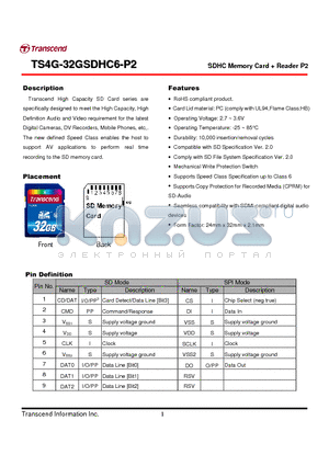 TS16GSDHC6-P2 datasheet - SDHC Memory Card  Reader P2