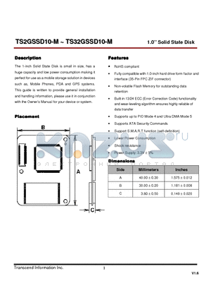 TS16GSSD10-M datasheet - 1.0 Solid State Disk