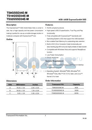 TS16GSSD34E-M datasheet - 8GB~32GB ExpressCard34 SSD