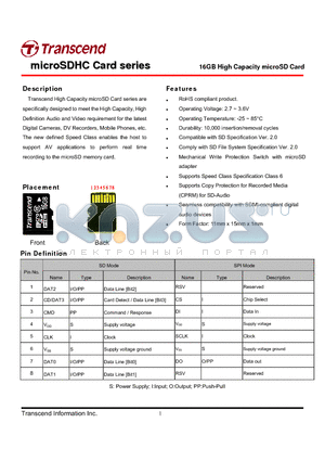 TS16GUSDHC6 datasheet - 16GB High Capacity microSD Card