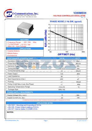 V240ME04 datasheet - LOW COST - HIGH PERFORMANCE VOLTAGE CONTROLLED OSCILLATOR