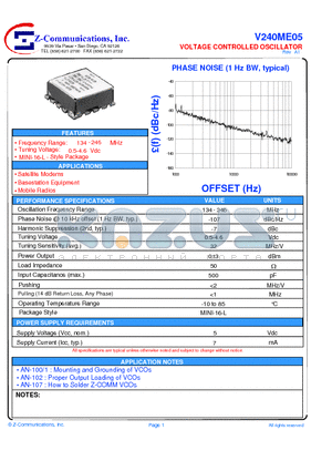 V240ME05 datasheet - LOW COST - HIGH PERFORMANCE VOLTAGE CONTROLLED OSCILLATOR