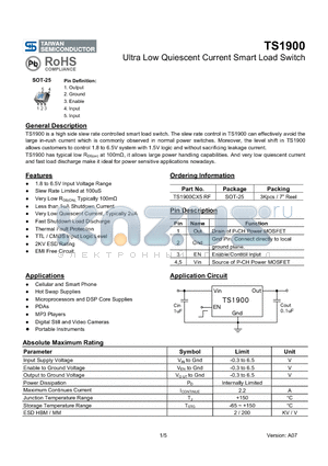 TS1900CX5 datasheet - Ultra Low Quiescent Current Smart Load Switch