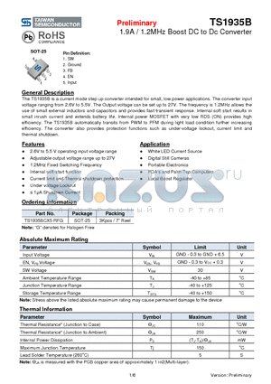 TS1935BCX5RFG datasheet - 1.9A / 1.2MHz Boost DC to Dc Converter