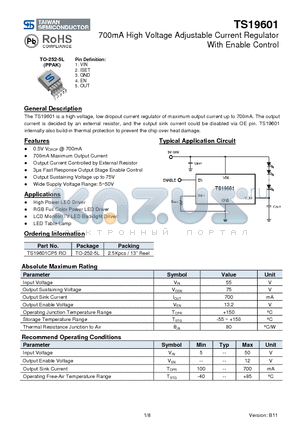 TS19601 datasheet - 700mA High Voltage Adjustable Current Regulator With Enable Control