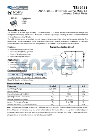 TS19451 datasheet - AC/DC WLED Driver with Internal MOSFET Universal Switch Mode