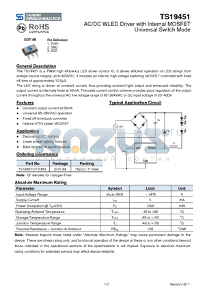 TS19451CYRMG datasheet - AC/DC WLED Driver with Internal MOSFET Universal Switch Mode