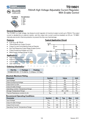 TS19601CP5RO datasheet - 700mA High Voltage Adjustable Current Regulator With Enable Control