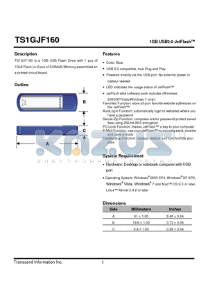 TS1GJF160 datasheet - 1GB USB2.0 JetFlash