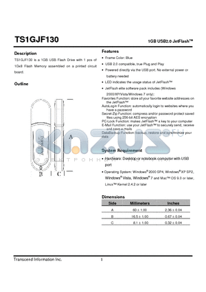 TS1GJF130 datasheet - 1GB USB2.0 JetFlash