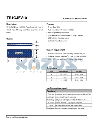 TS1GJFV10 datasheet - 1GB USB2.0 JetFlashV10