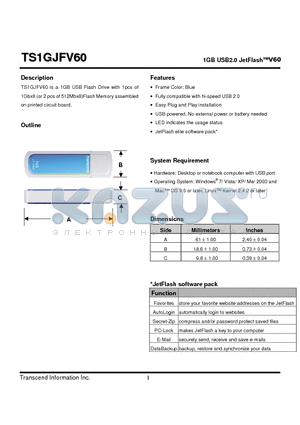 TS1GJFV60 datasheet - 1GB USB2.0 JetFlashV60