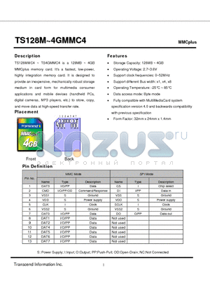 TS1GMMC4 datasheet - MMCplus memory card
