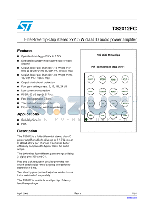 TS2012FC datasheet - Filter-free flip-chip stereo 2x2.5 W class D audio power amplifer