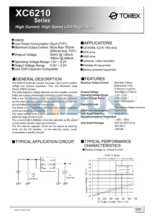XC6210A39AD datasheet - High Current, High Speed LDO regulators