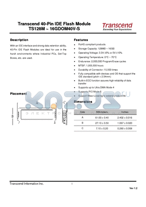 TS1GDOM40V-S datasheet - 40-Pin IDE Flash Module