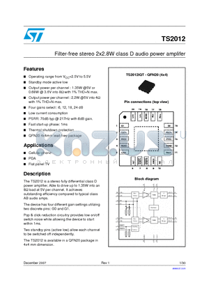 TS2012 datasheet - Filter-free stereo 2x2.8W class D audio power amplifer