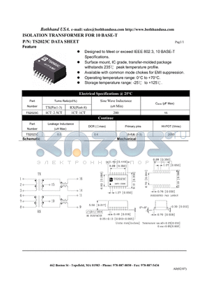 TS2023C datasheet - ISOLATION TRANSFORMER FOR 10 BASE-T