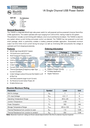 TS2023CX5RFG datasheet - 1A Single Channel USB Power Switch