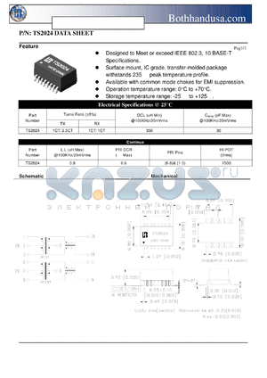 TS2024 datasheet - 10 BASE-T ISOLATION TRANSFORMER