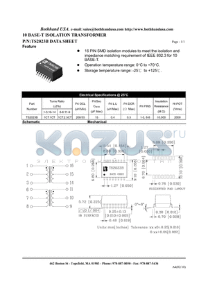 TS2023B datasheet - 10 BASE-T ISOLATION TRANSFORMER