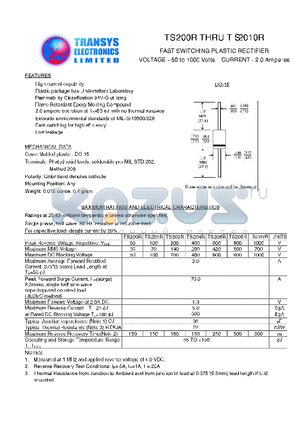 TS206R datasheet - FAST SWITCHIING RECTIFIER(Reverse Voltage - 50 to 1000 Volts,  Current - 2.0Ampere)