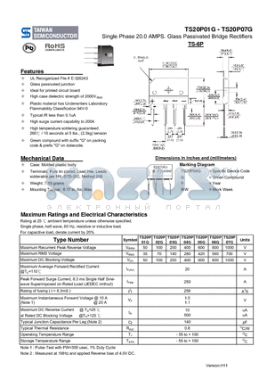 TS20P02G datasheet - Single Phase 20.0 AMPS. Glass Passivated Bridge Rectifiers