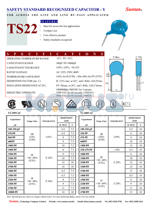 TS22 datasheet - SAFETY STANDARD RECOGNIZED CAPACITOR - Y