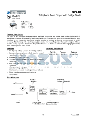 TS2418CDC3 datasheet - Telephone Tone Ringer with Bridge Diode