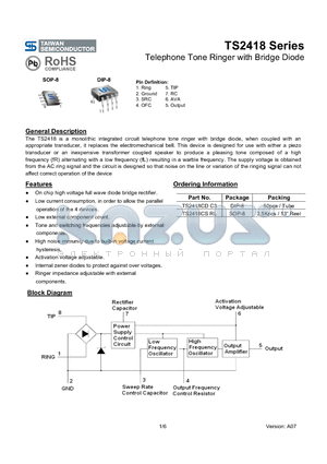 TS2418_07 datasheet - Telephone Tone Ringer with Bridge Diode