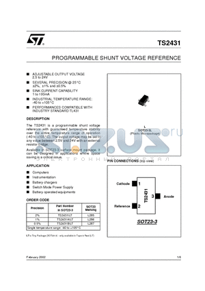 TS2431BILT datasheet - PROGRAMMABLE SHUNT VOLTAGE REFERENCE