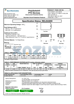 TS250-130F-RA datasheet - PolySwitch^PTC Devices Overcurrent Protection Device