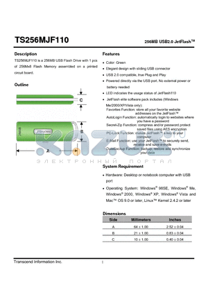 TS256MJF110 datasheet - 256MB USB2.0 JetFlash