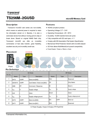 TS256MUSD datasheet - microSD Memory Card