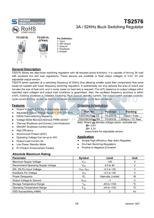 TS2576 datasheet - 3A / 52KHz Buck Switching Regulator