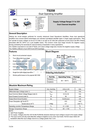 TS258 datasheet - Dual Operating Amplifier