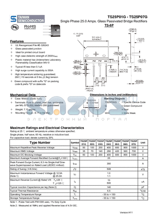 TS25P06G datasheet - Single Phase 25.0 Amps. Glass Passivated Bridge Rectifiers