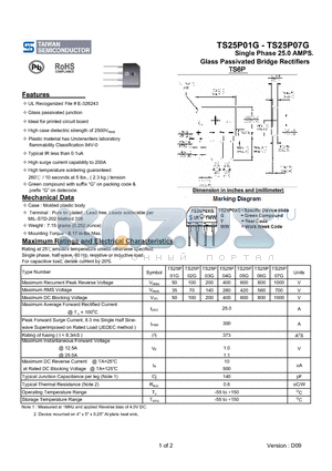TS25P07G datasheet - Single Phase 25.0 AMPS. Glass Passivated Bridge Rectifiers