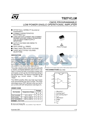 TS271 datasheet - CMOS PROGRAMMABLE LOW POWER SINGLE OPERATIONAL AMPLIFIER